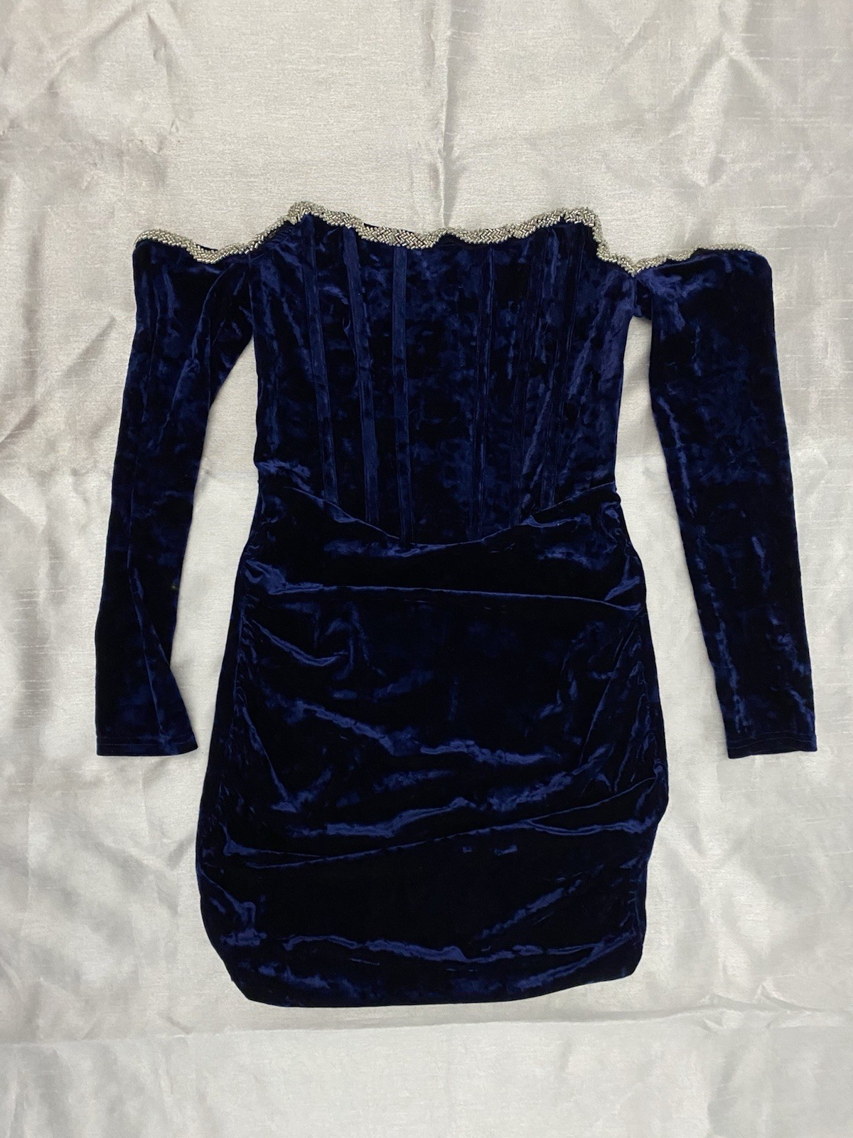 SHEIN Womens M Blue Velvet Bodycon Off Shoulder Long Sleeve Ruffle Zip Dress
