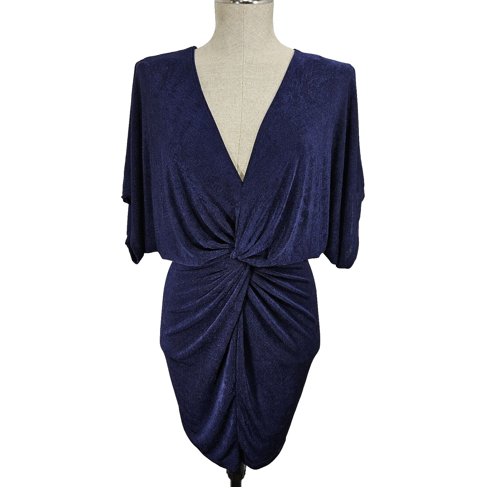 Karlie Twist Front Dress Womens Small Navy Blue Sheer Mini Deep Plunge Stretch