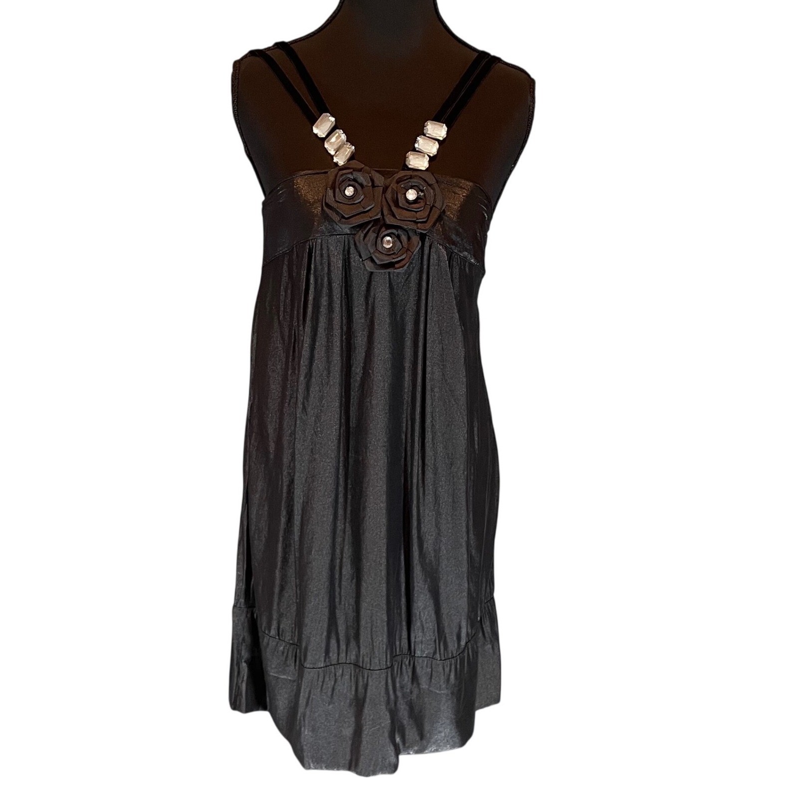 Vtg Black Sm Rosette Rhinestone Smocked Babydoll Cocktail Dress Whimsigoth Y2K