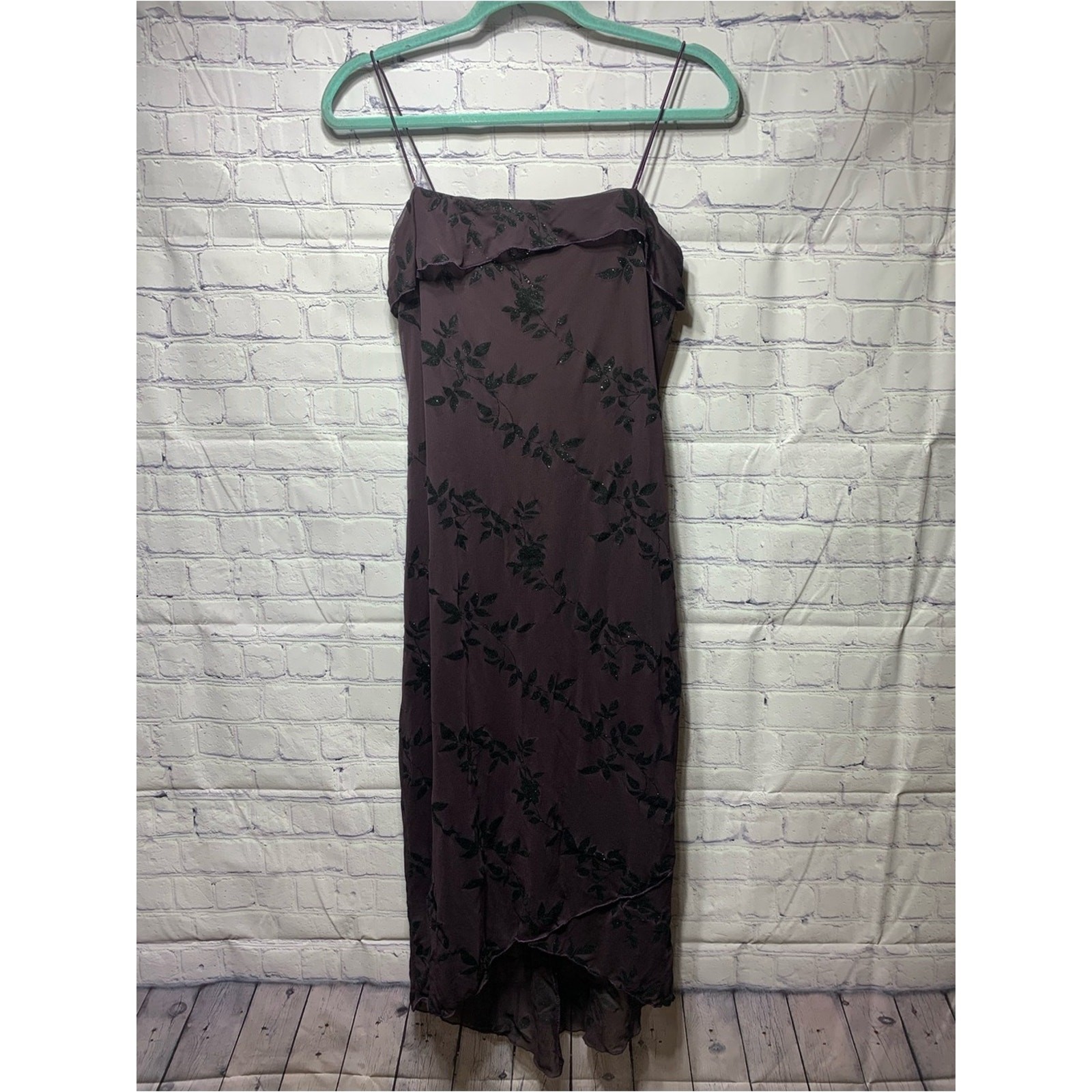 Fashion Bug Women Y2K Slip Dress Dark Purple Black Velvet Floral Sz 6 Whimsigoth