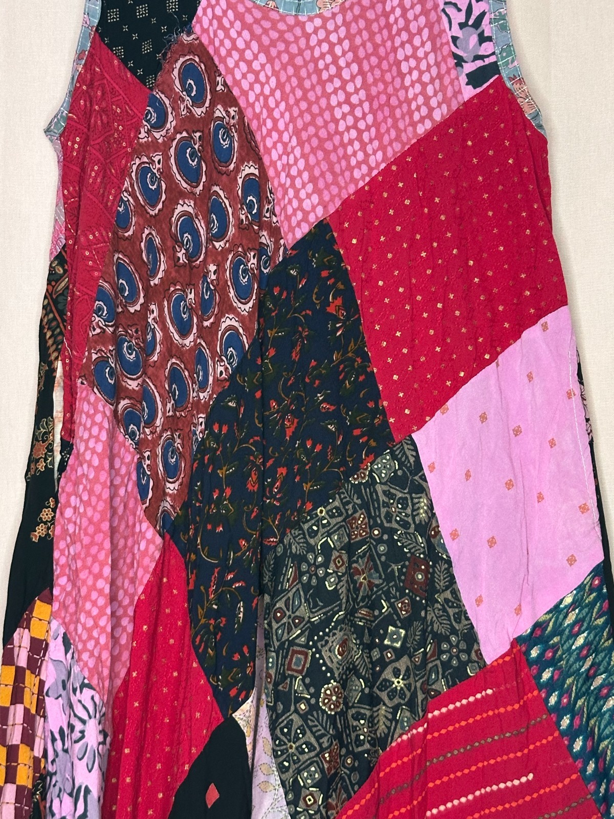 Oversized Patchwork Sleeveless Tunic Dress Boho Lagenlook Artsy Hanky Hem