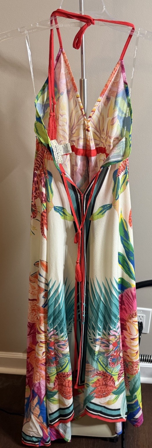 ❤️Flying Tomato bright Tropical Floral Halter Dress Vacation beach summer Sz L
