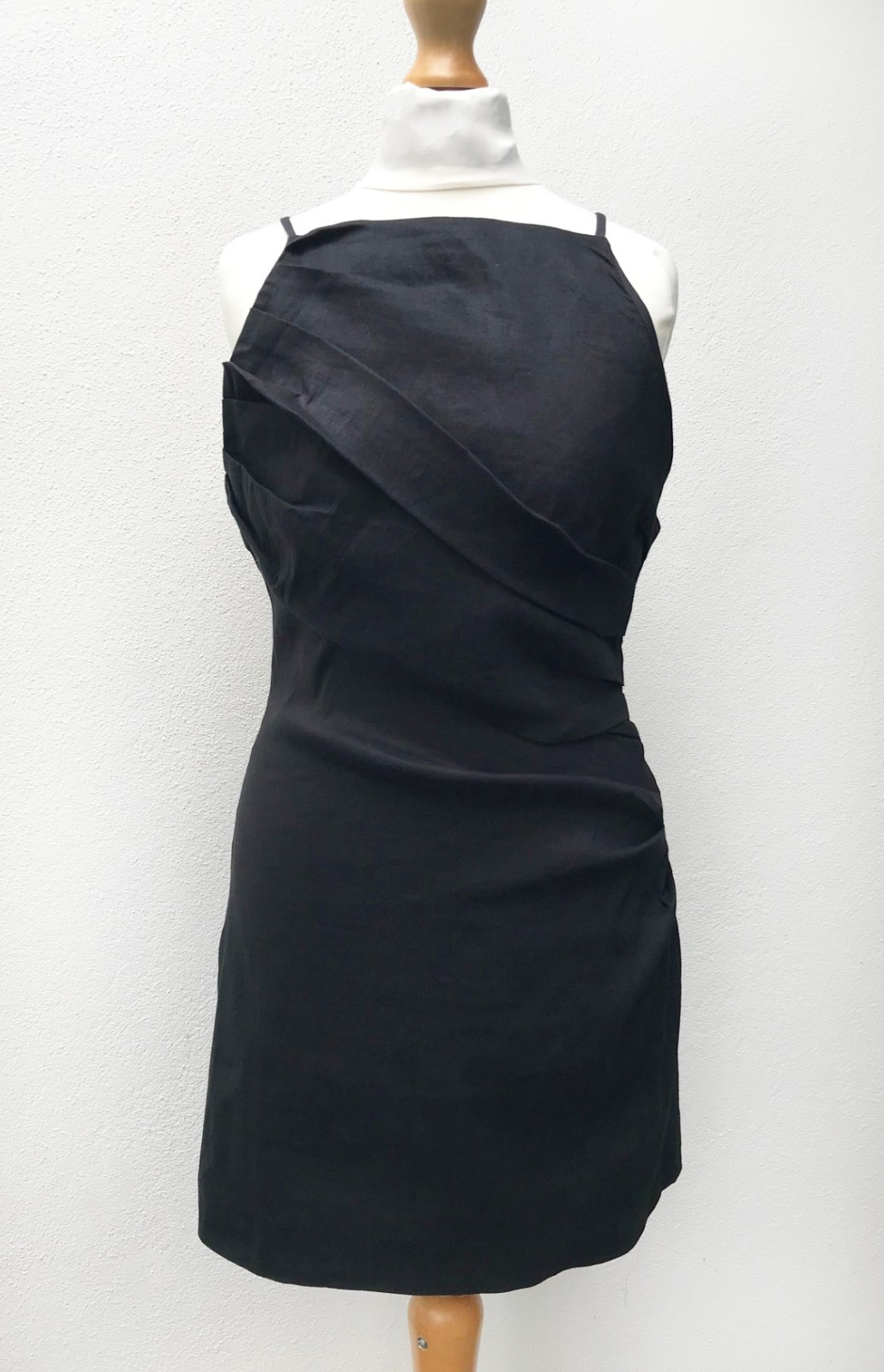 ZARA Black Stretch Linen Blend Mini Dress w/Folds – Low Back – M – BNWT