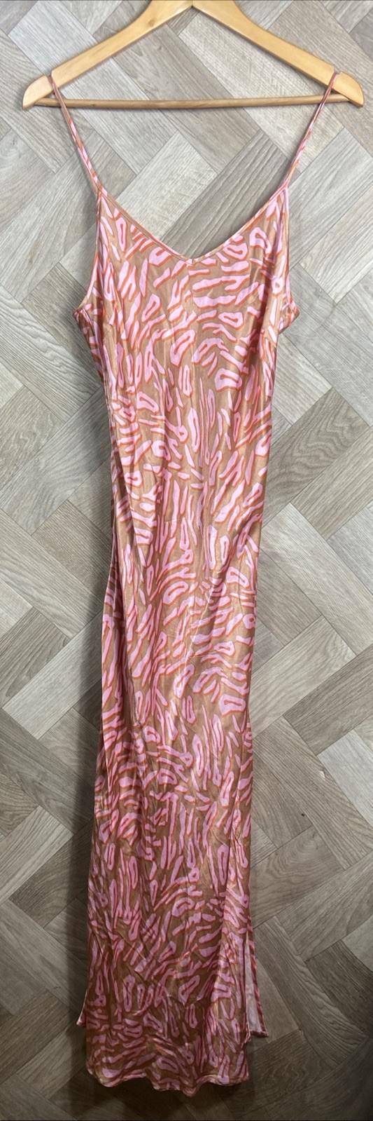 Oliver Bonas Pink/Orange Print Satin Midi Dress Strappy Size 10