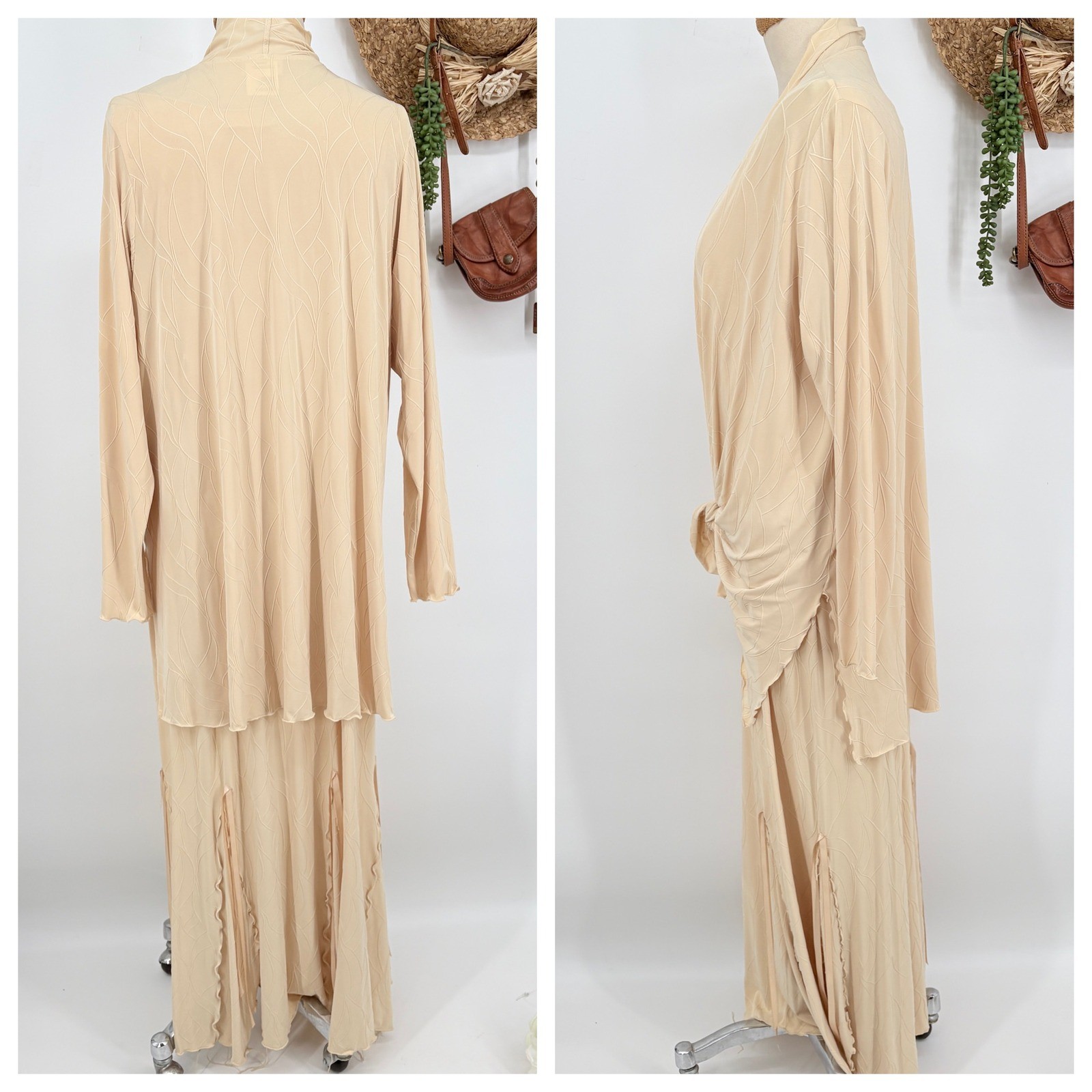 Vintage Linda Lundstrom 2-Piece Stretch Maxi Dress/Jacket Set Textured Beige 16