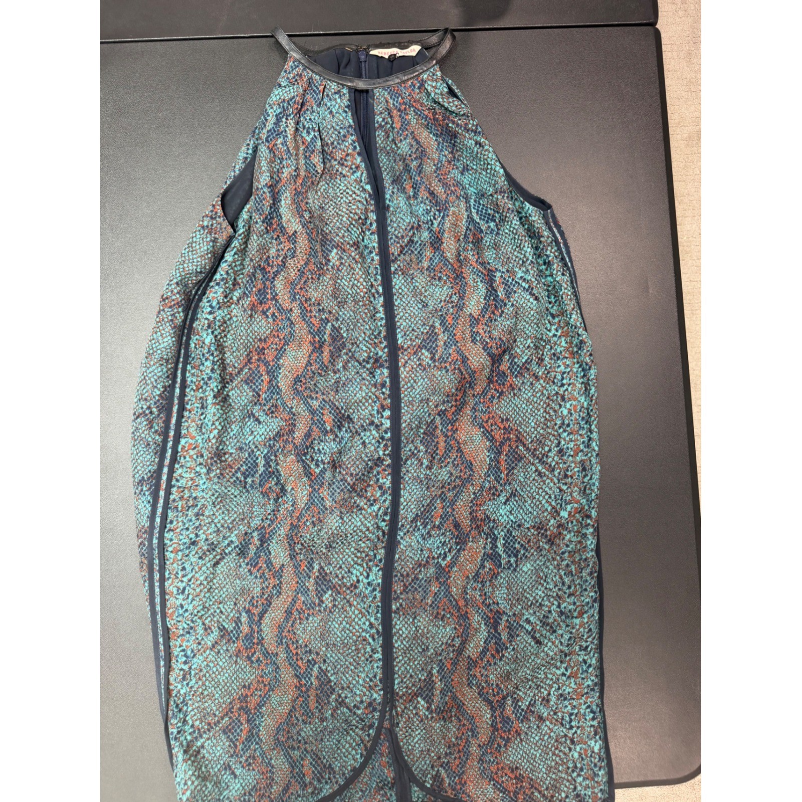 Rebecca Taylor Silk Snakeskin Halter Dress Teal Leather Trim Animal Print Sz 2