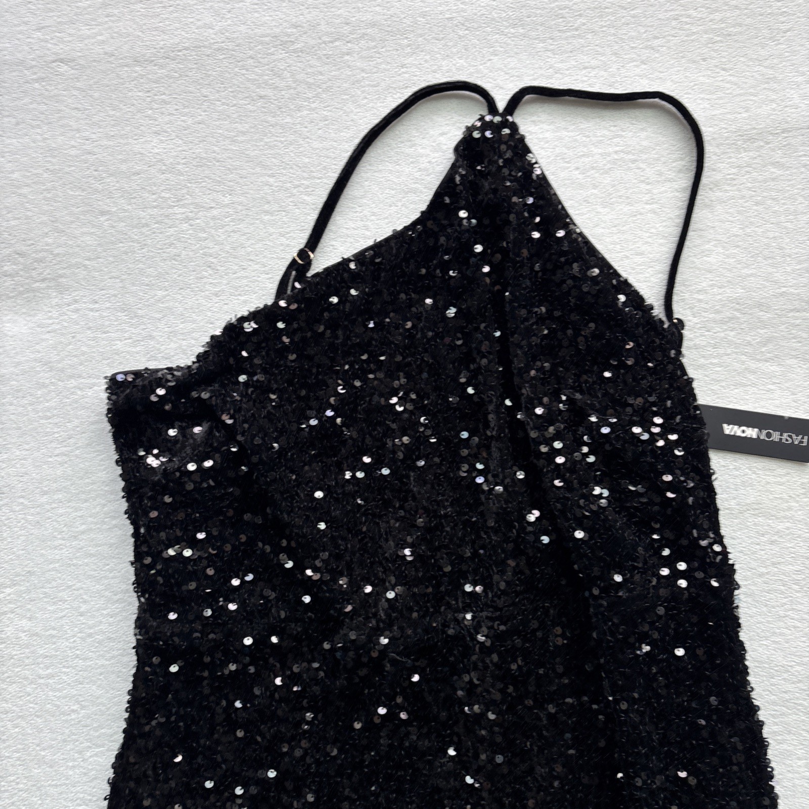 Fashion Nova Forever Shining Sequin Maxi Dress Women 2X Black Halter High Slit