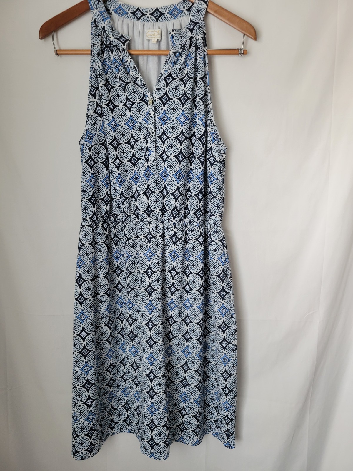 Mudpie Women’s L (12-14) Blue White Geometric Sleeveless Halter Casual Dress