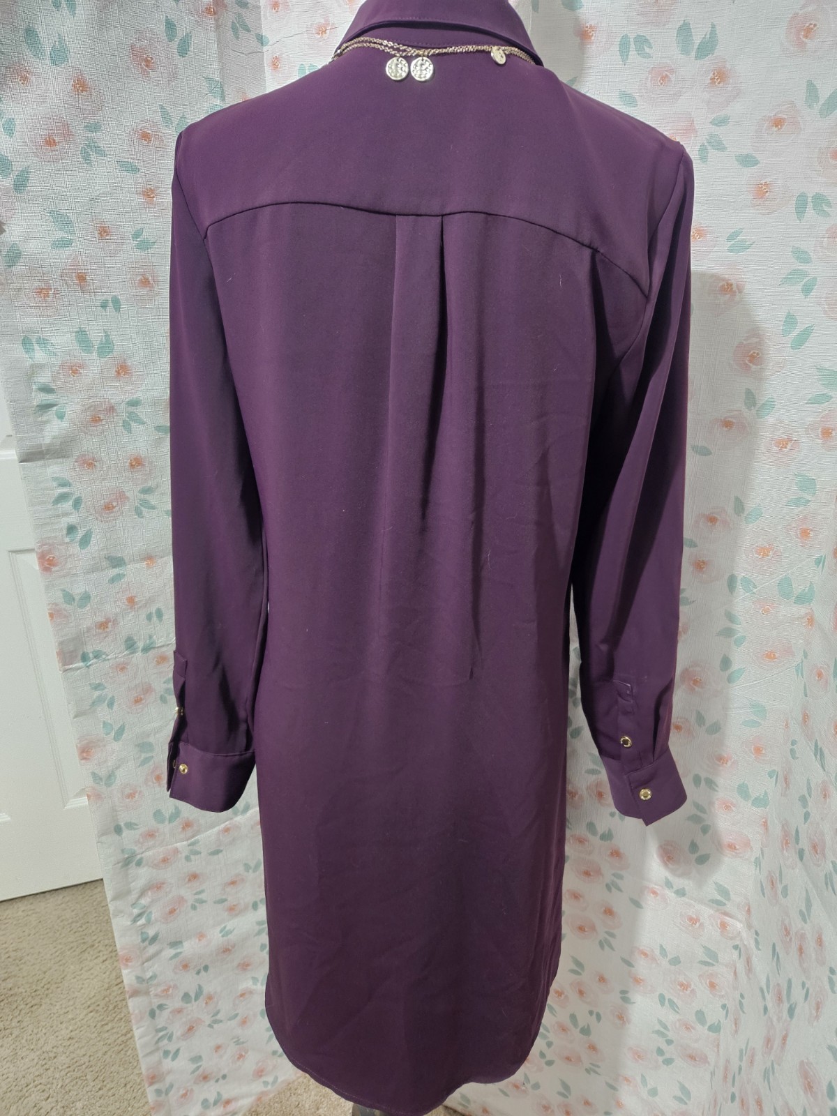 CALVIN KLEIN, WOMEN’S PLUM POLY SNAP FRONT KNEE-LENGTH SHIRT DRESS, SIZE M