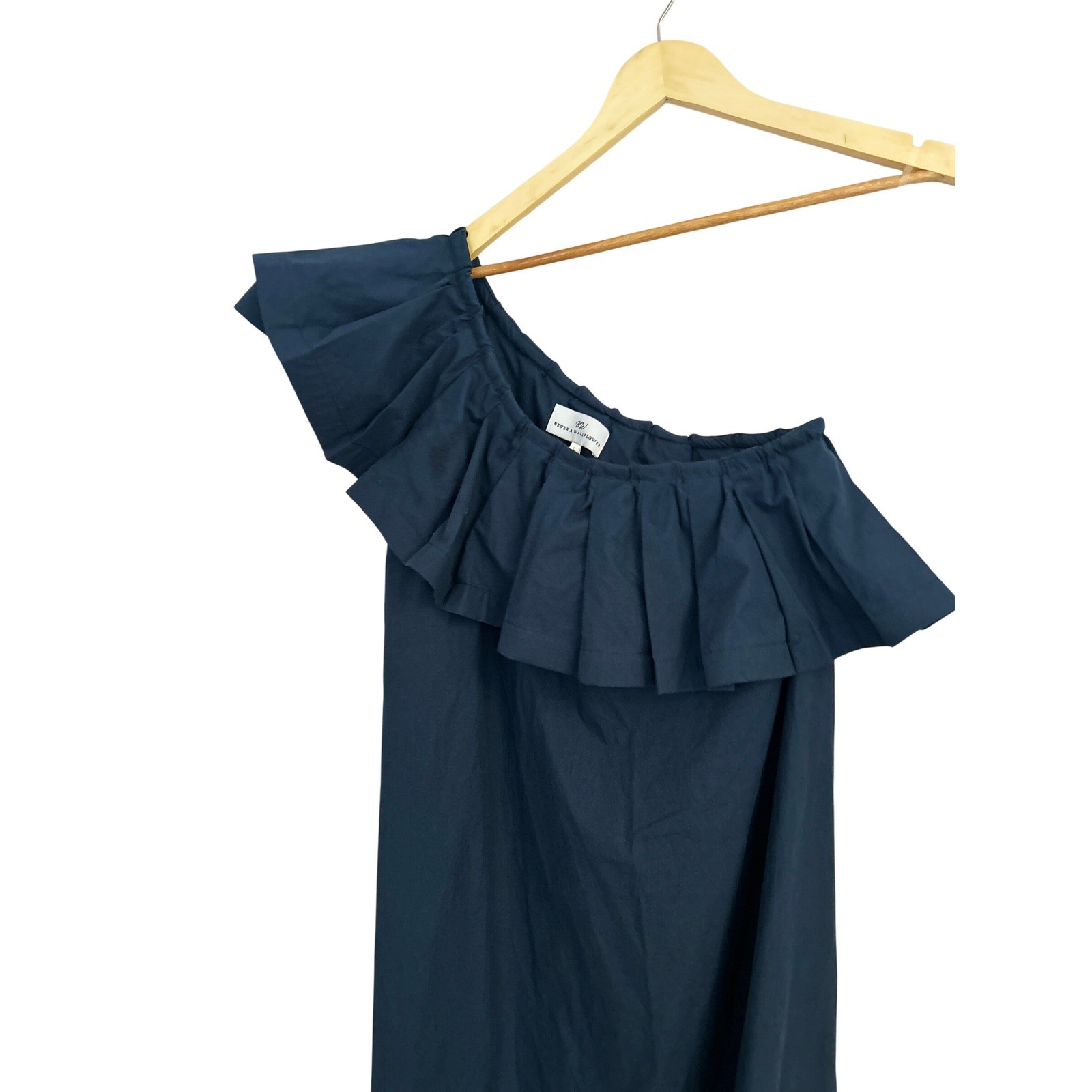 Never a Wallflower Cotton One Shoulder Navy Ruffle Midi Dress Small NWT