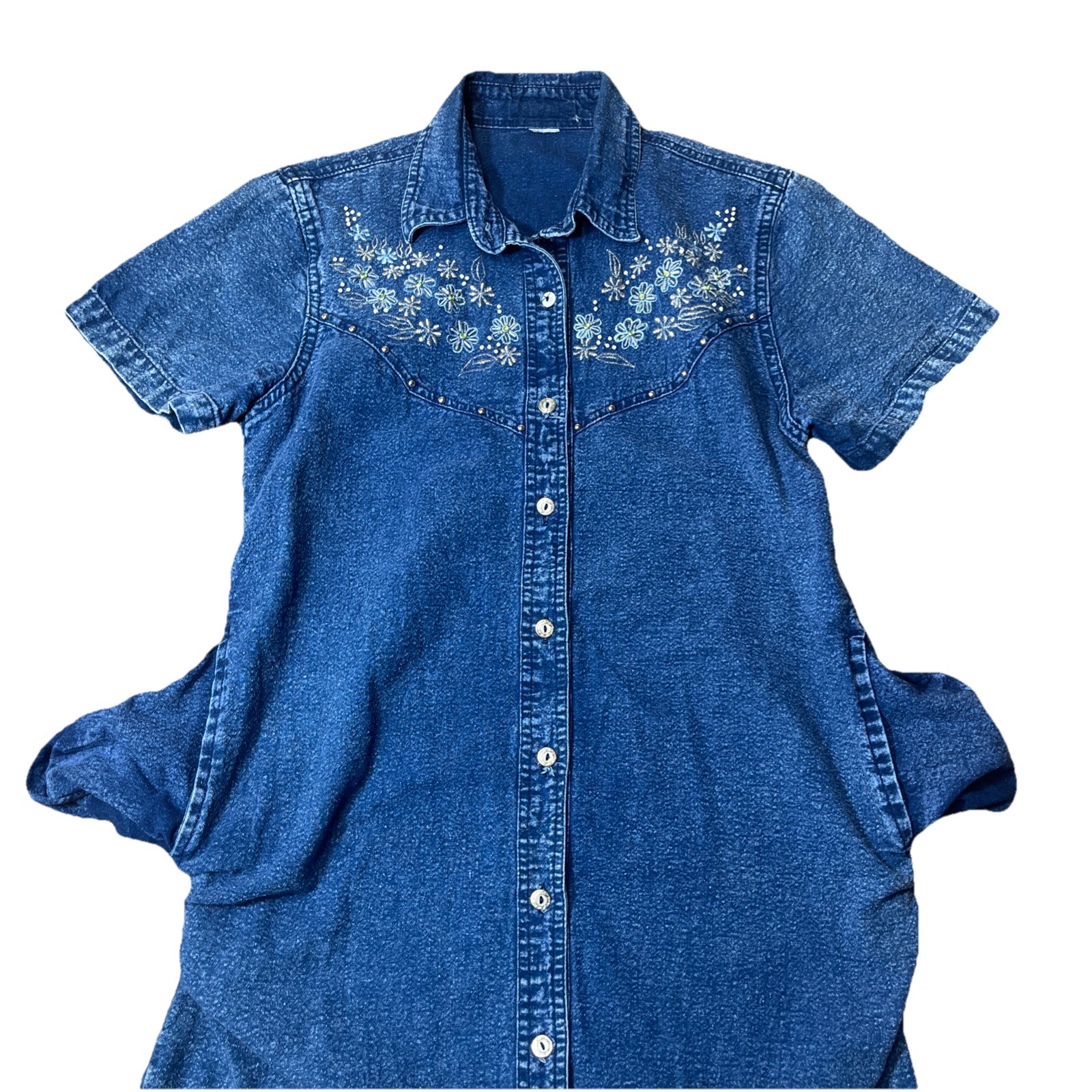 JANE ASHLEY Denim Dress M/L Pockets Floral Embroidered Cottage Peasant 90s VTG