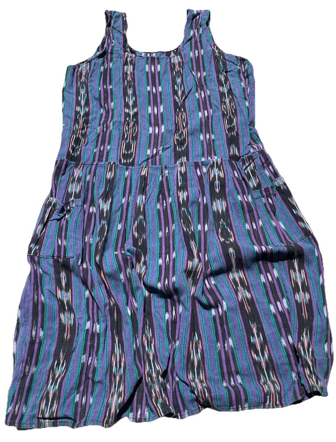 Vintage Guatemala Handwoven Ikat Sleeveless Dress Purple Teal Boho Pockets
