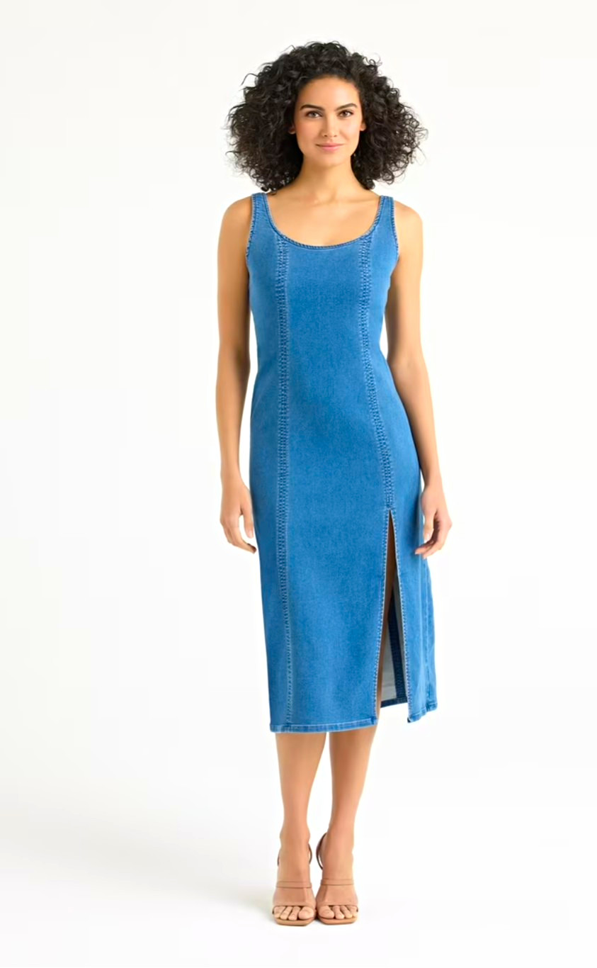Sofia Jeans Women’s M (8-10) Blue Denim Sheath Scoop Neck Stretch Midi Dress