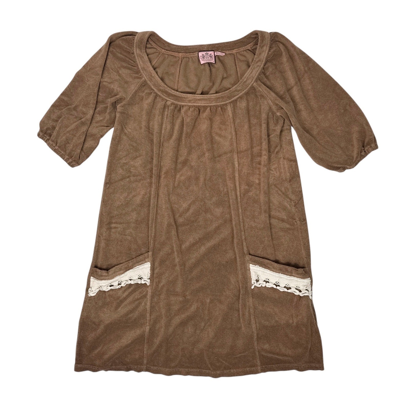 Juicy Couture Velour Mini Dress Brown Puff Sleeve Lace Pocket Y2K Women’s M