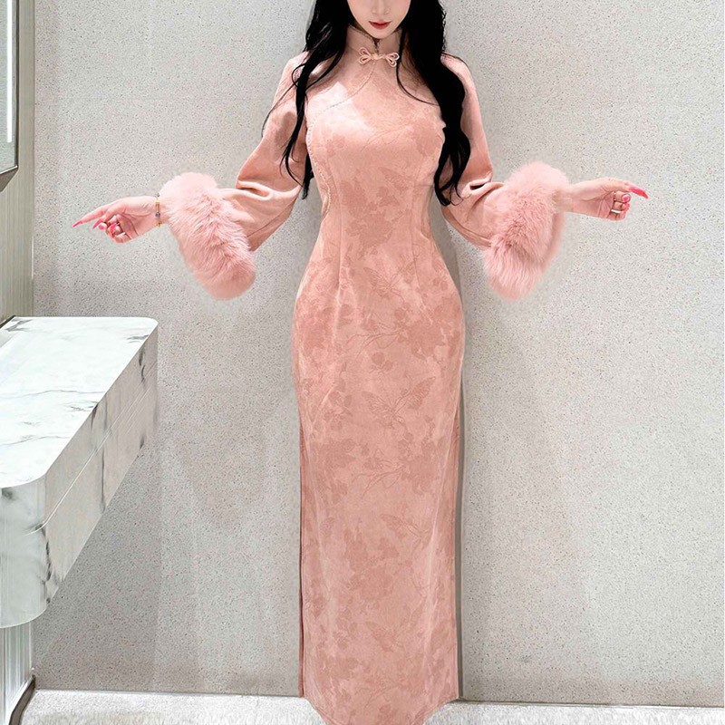 Chinese Style Womens Qipao Dress Cheongsam Long Sleeve Party Cocktail Long Dress