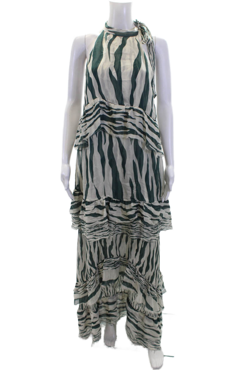 Suno Womens Silk Striped Tiered Sleeveless Halter Neck Mid-Calf Dress Green Size