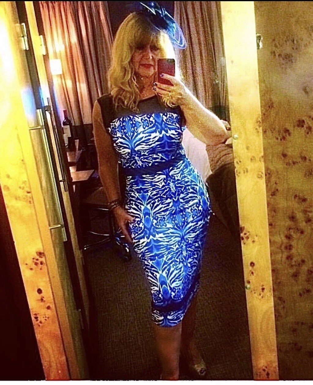 Amy Childs blue Aztec pattern bodycon stretch midi dress. Mesh inserts. Size 10