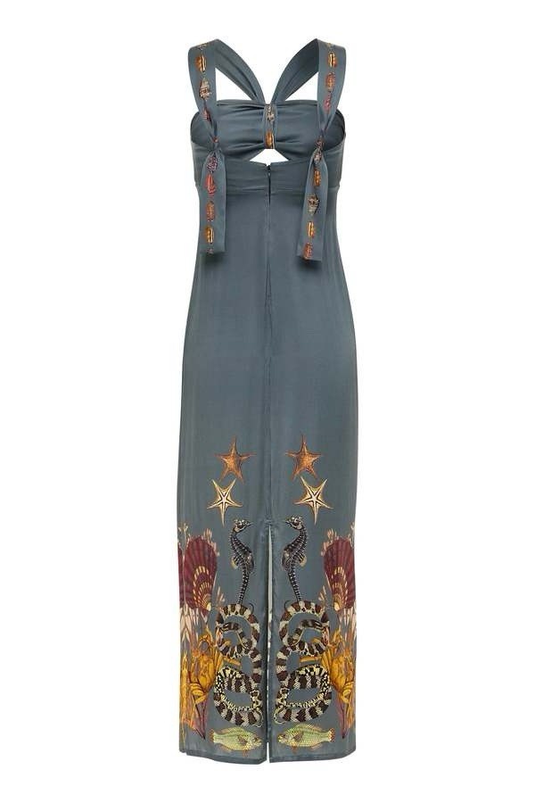 Carolina K Silk Halter Maxi Dress Light Teal Reef Coral Print Size S