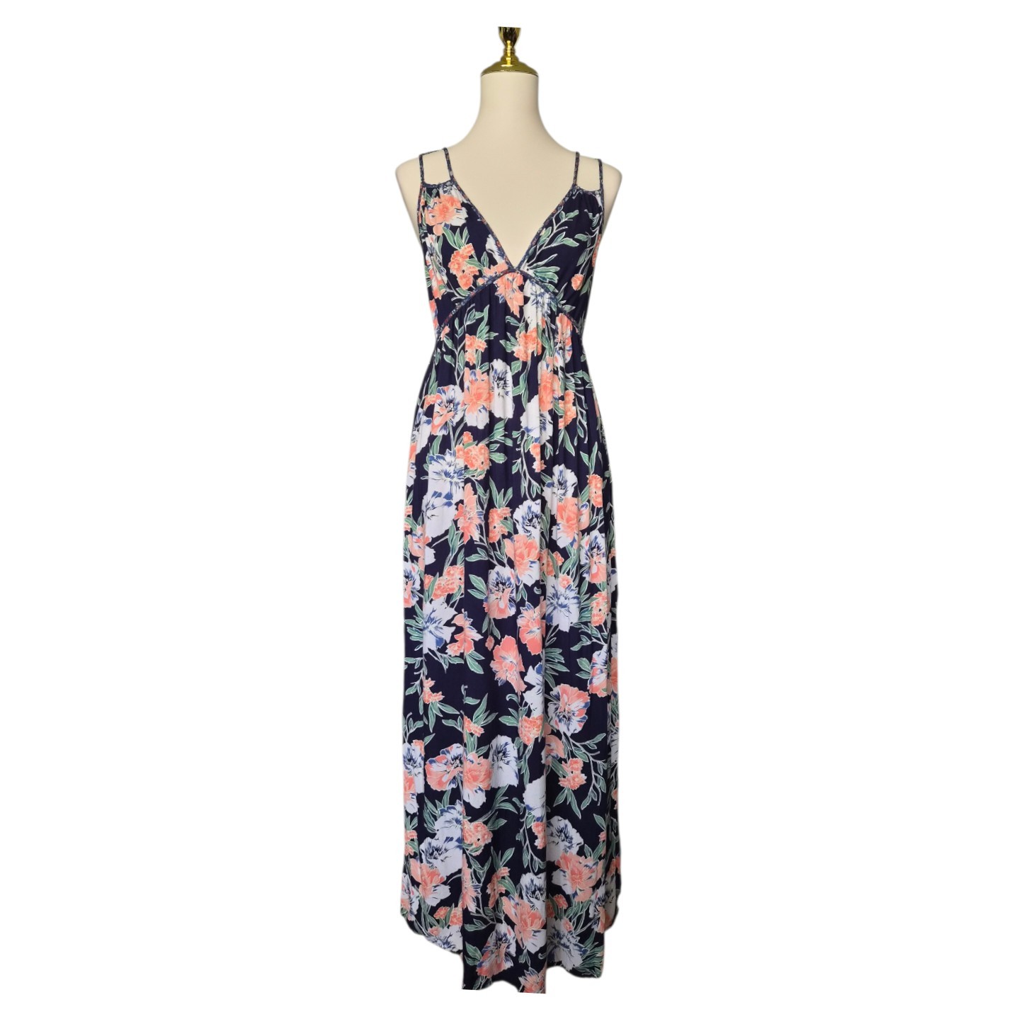 Band of Gypsies Floral Maxi Dress Navy Blue Boho Sleeveless Strappy Back L