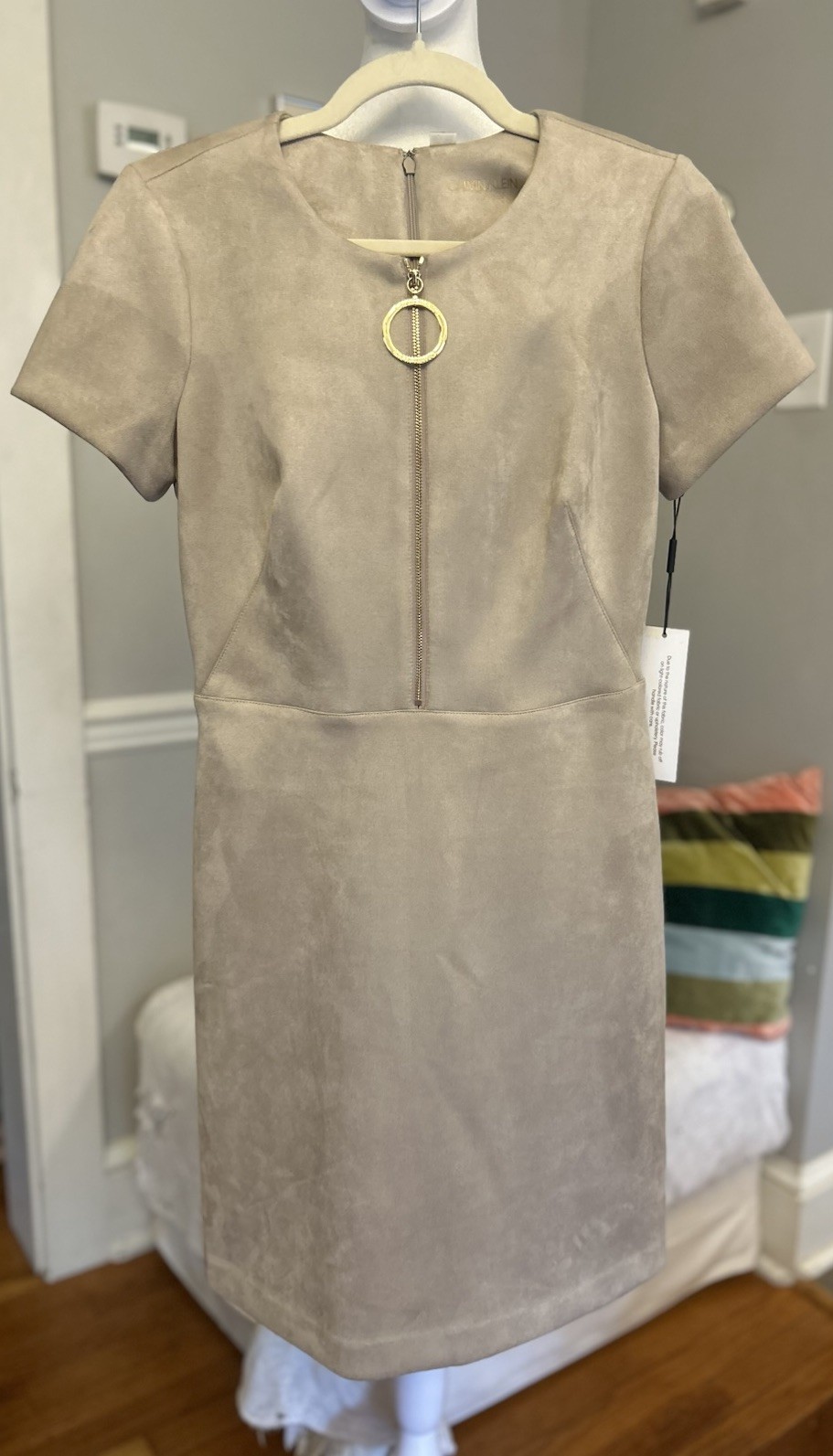 Calvin Klein Faux Suede Dress Gold Logo Zipper Tan Beige Stretch Business NWT 6