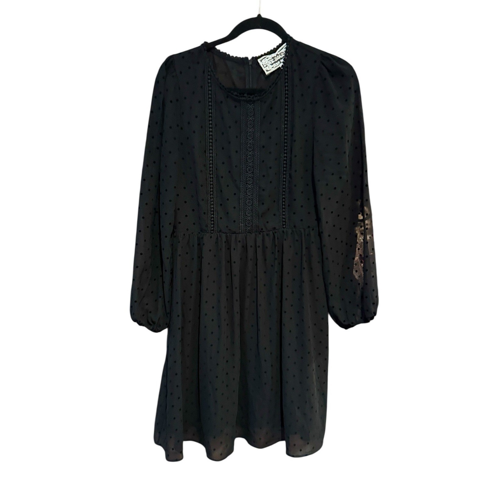 Pink Martini Black Polka Dot Long Sleeve Mini Dress Sheer Lace Detail Small