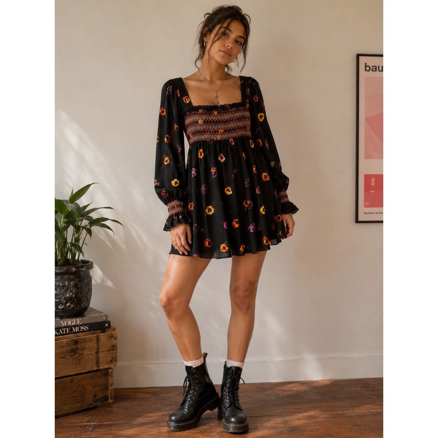 Urban Outfitters Isabel Pansies Smocked Tunic Mini Dress Black S Boho Prairie