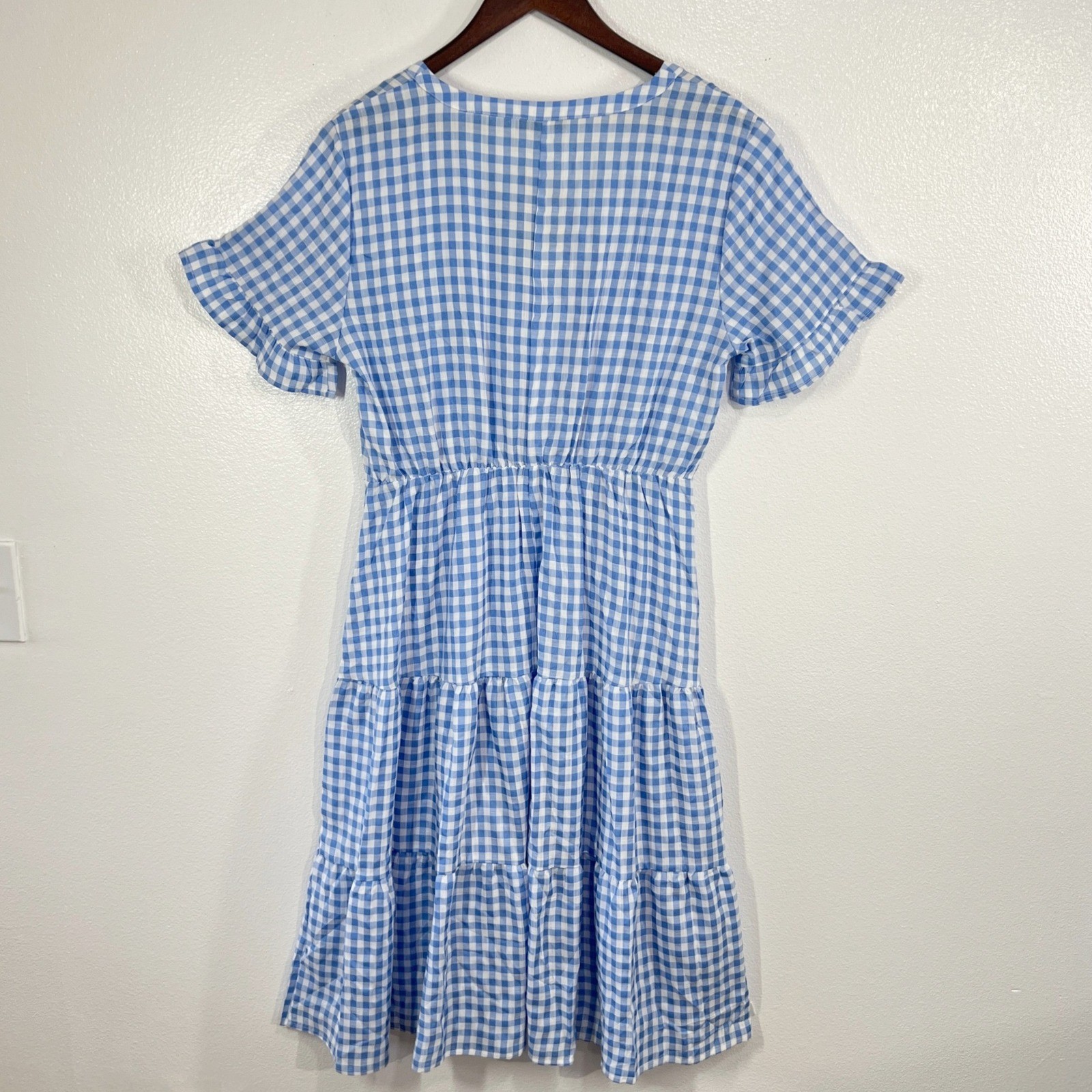 Chic Style Blue Gingham Tiered V-Neck Dorothy Midi Dress Size Large Cottagecore