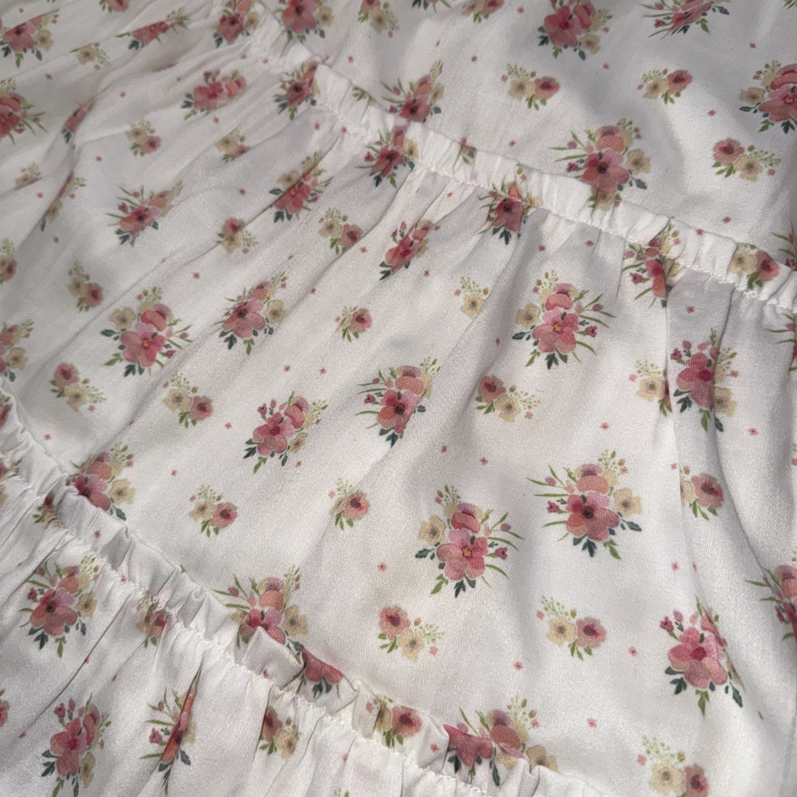 Storia White And Pink Floral 3/4 Ruffle Sleeve Tired Mini Dress Size S Cottage🔥