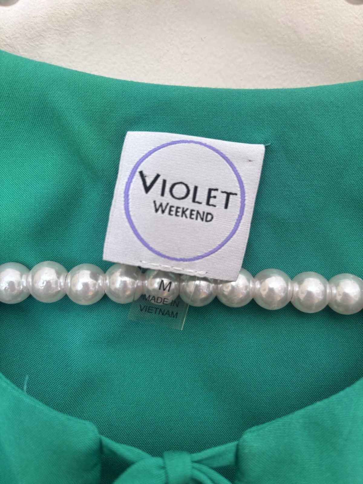 NWT Violet Weekend Womens Size M Green Dress Prairie 3/4 Sleeve White Trim