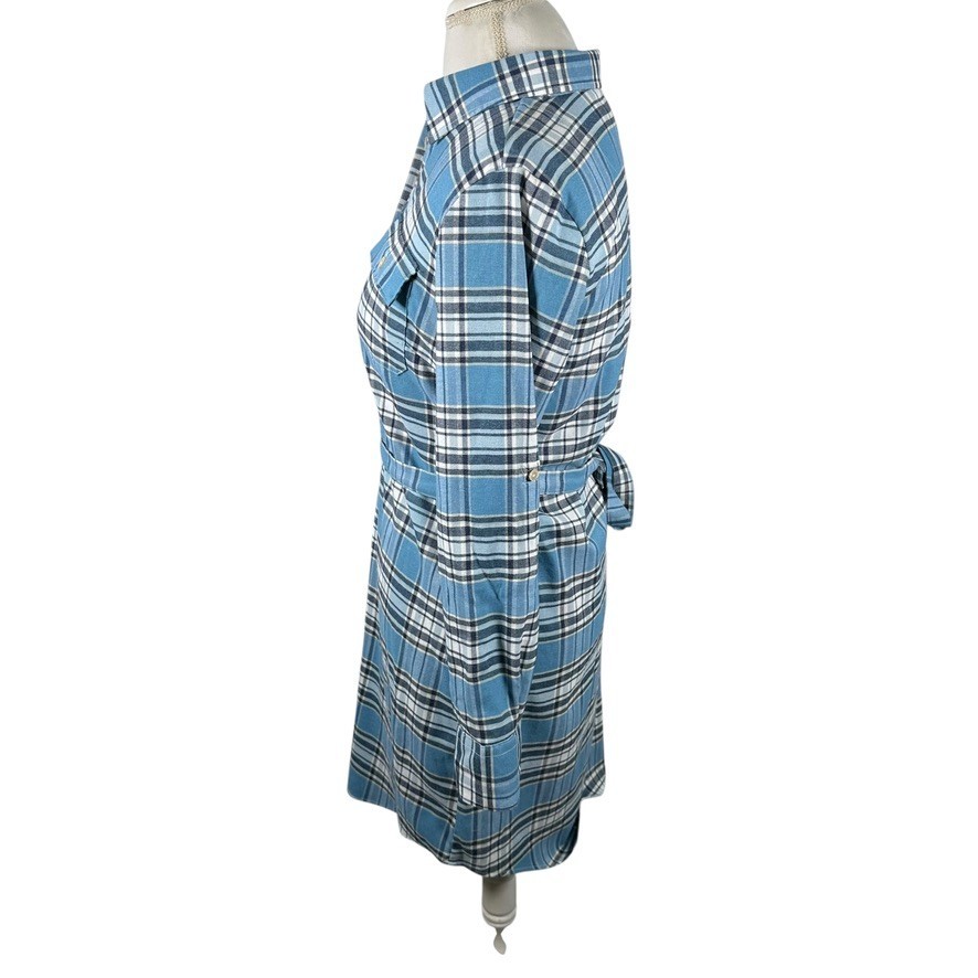 Peter Millar Blue Plaid Shirt Dress Flannel Belted Roll Tab Slvs Preppy Size S