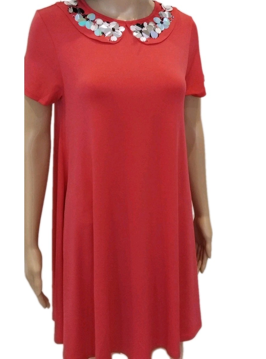 Size 12 Hot Pink Swing Tea Dress Very Nwt Embellished Neck Short Sleeve