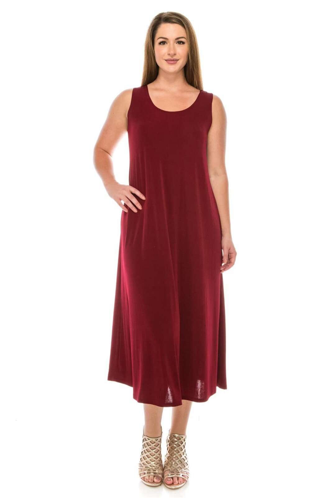 Travel Knit Dress, long A-Line Tank, Stretchy NO-IRON poly/span. Burgundy, 700