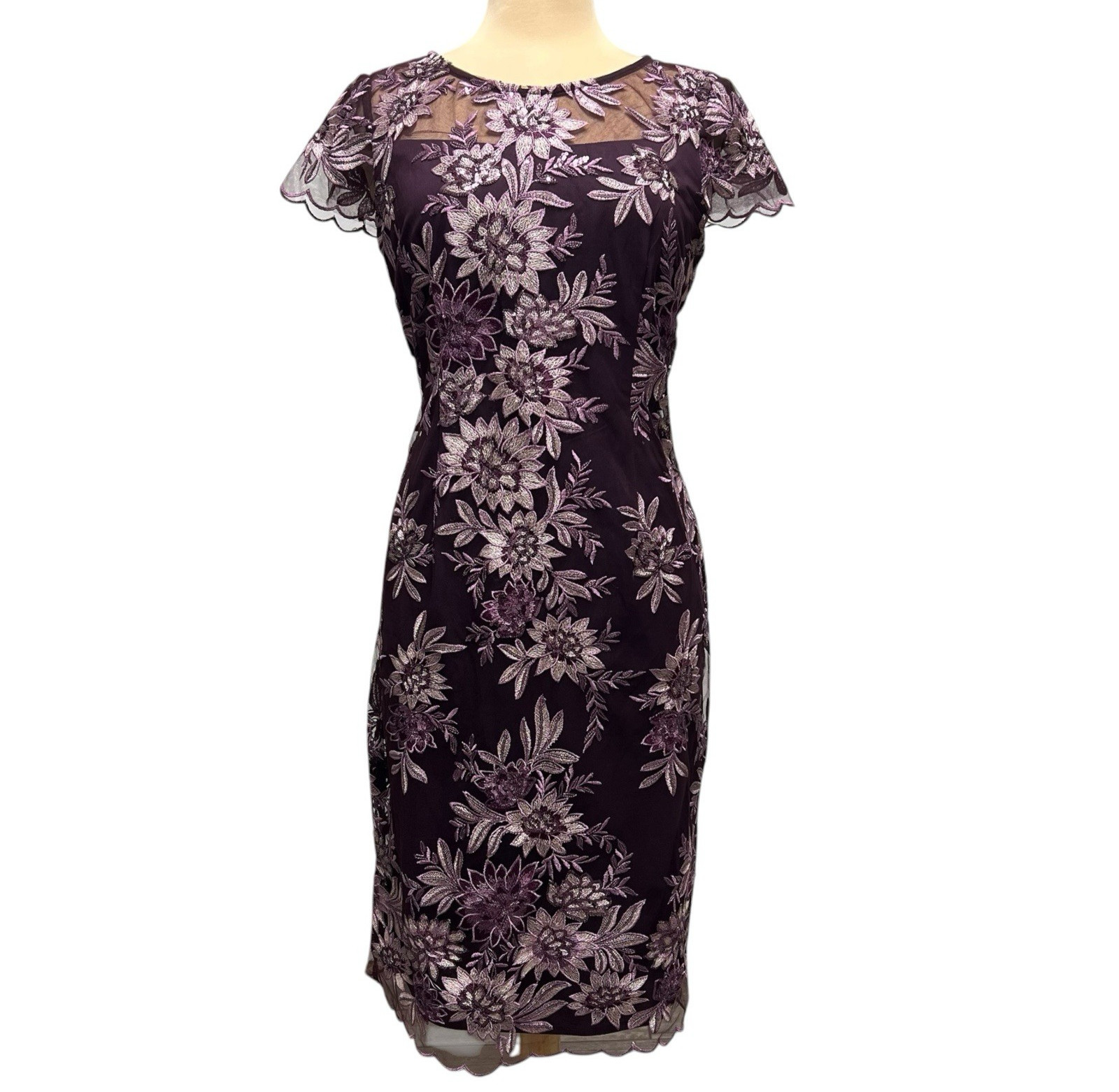 NWT $219 Alex Evenings Plum Floral Embroidered Sheath Dress Mesh Overlay Size 10