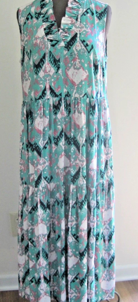 Crown & Ivy Sleeveless Tiered Turquoise Ruffled Beach Vacation Cruise Dress Sz M