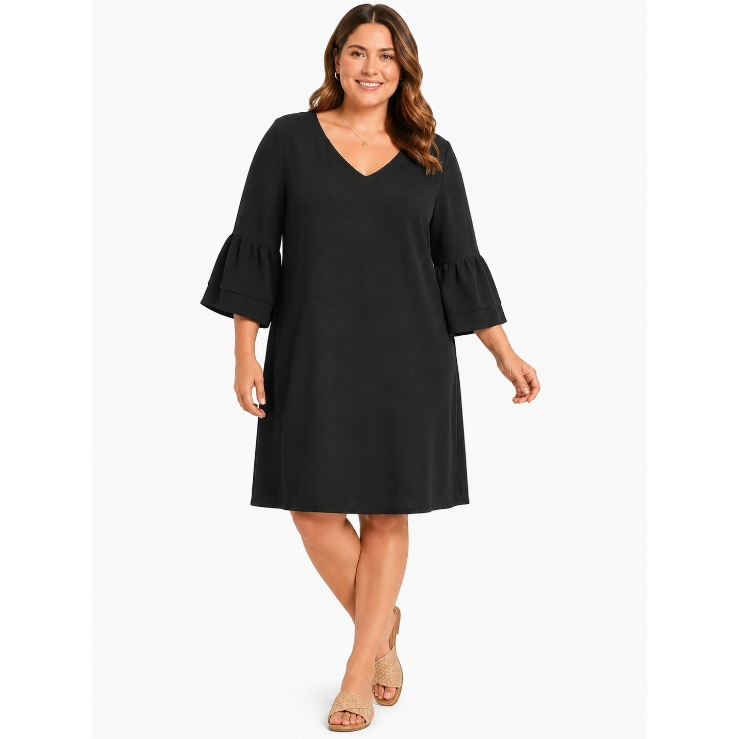 Belongsci Shift Dress Womens LG Black Crepe V-Neck Ruffle Bell Sleeve Solid New