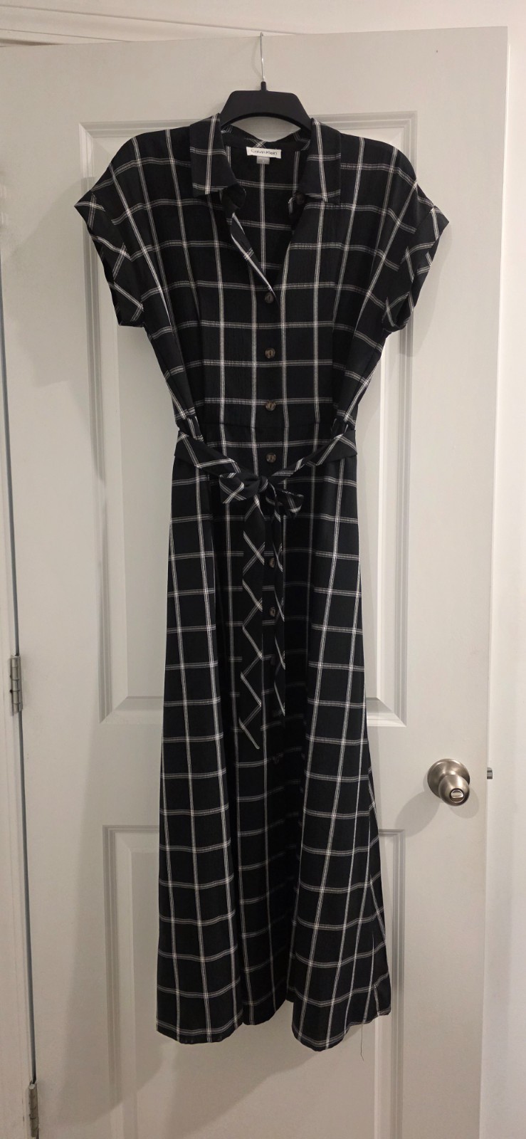 EUC CALVIN KLEIN Gauze Windowpane Midi Shirtdress Belted Short Sleeve Sz 8 Black