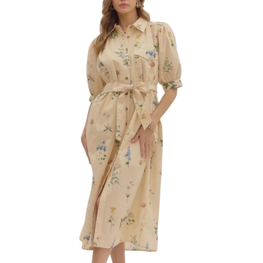 Entro Floral Cotton Midi Shirt Dress Beige Garden Party Romantic Tea Party L XL