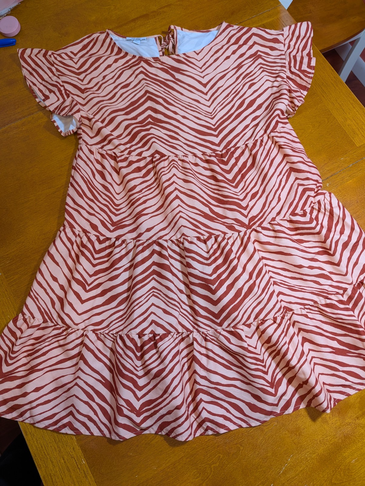 Nine West Beige Brown Zebra Print Tiered Ruffle Sleeve Dress Size L Boho Casual
