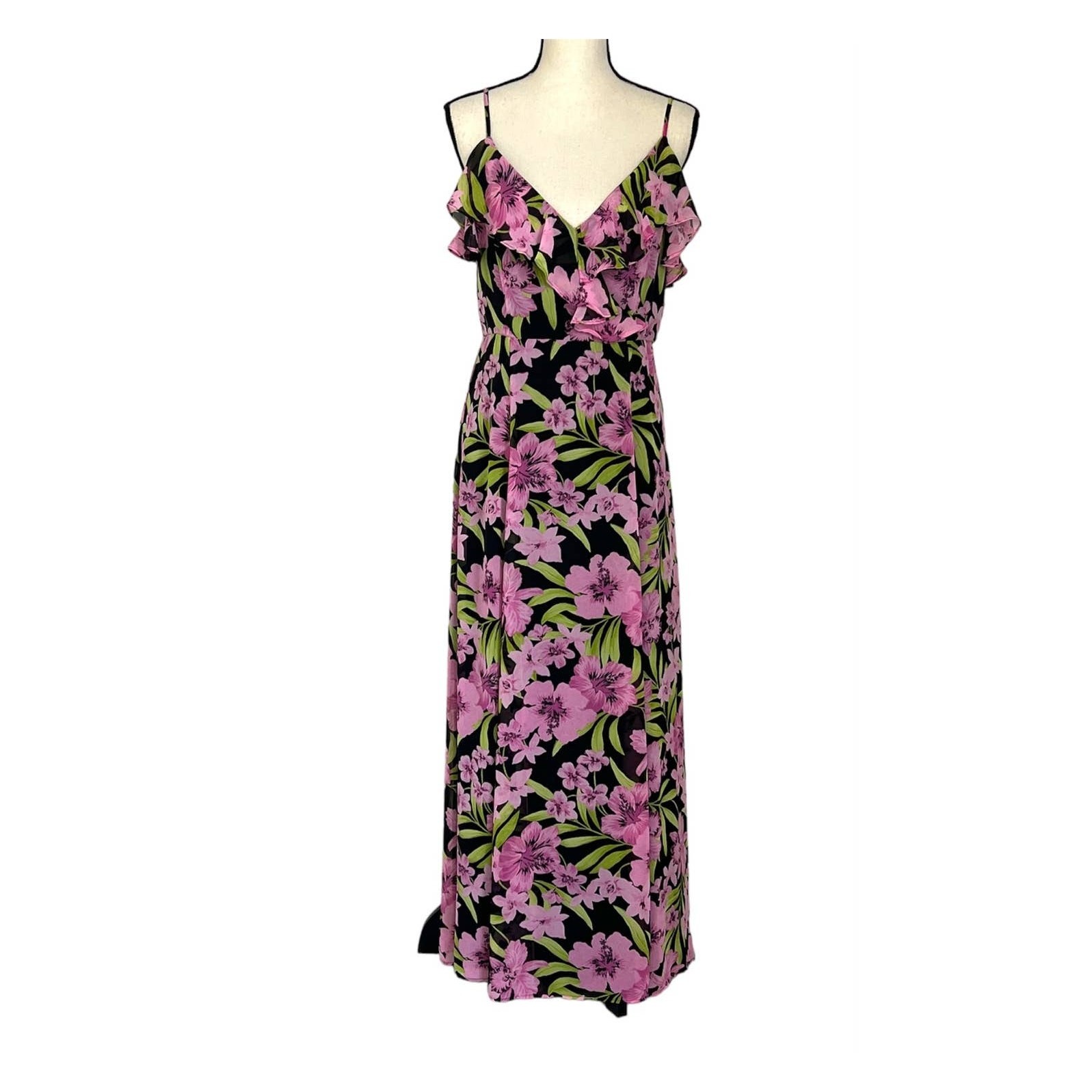 Bar III Women’s Maxi Dress Size Small Pink Floral Sleeveless Ruffles Flowy