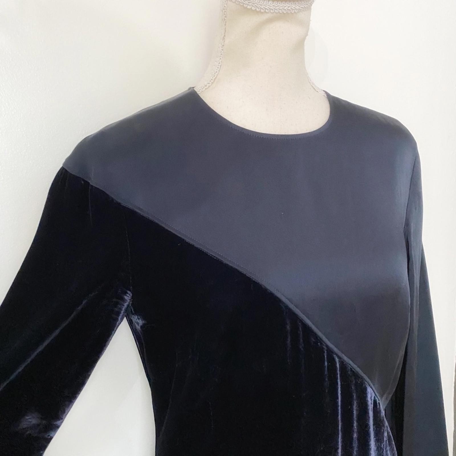CEDRIC CHARLIER SILK BLEND NAVY SATIN VELVET COMBO LONG SLEEVE A-LINE DRESS – 8