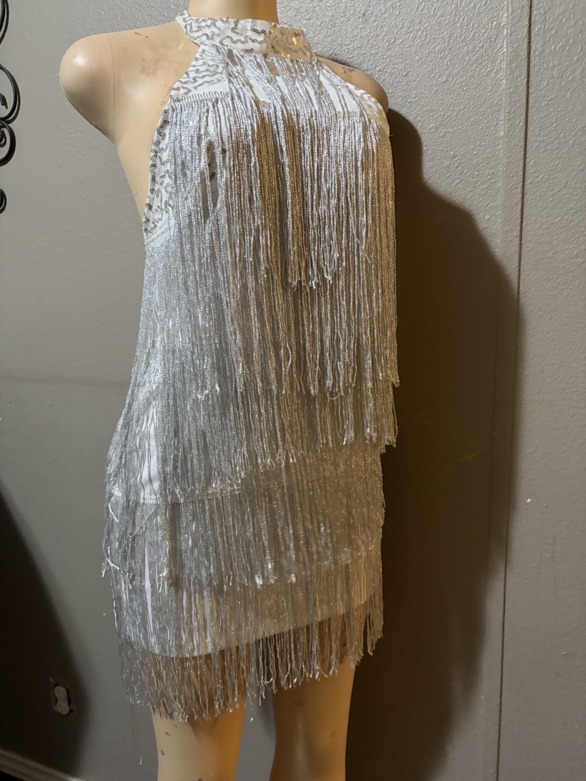 DRESSVY Silver Sequin Fringe Halter Backless Mini Party/Cocktail Dress L