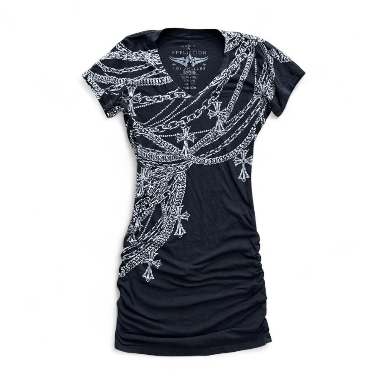 Affliction Y2K grunge goth black mini ruched Cross Chain Print dress