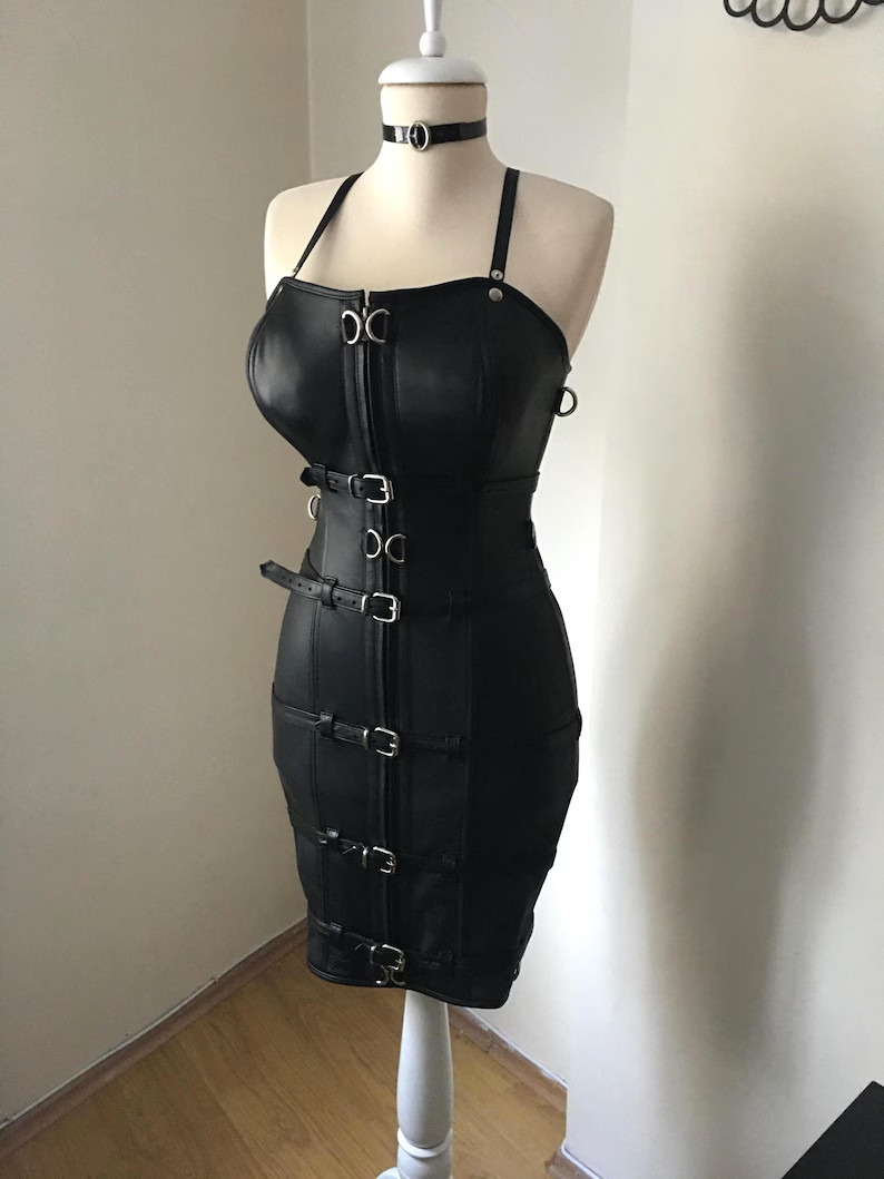 Women’s Handmade Leather Corset Dress- Buckle Closure, Back Lace-Up Gothic Style