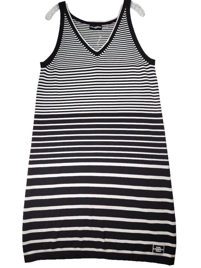 Karl Lagerfeld Paris Tank Sweater Dress Women L? Black White Stripe Knit Stretch