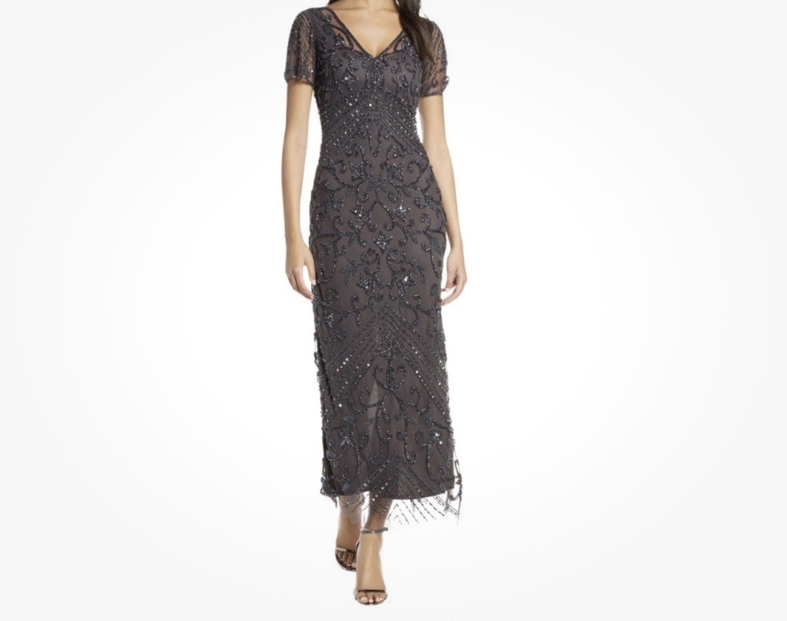 NWT Pisarro Nights Gray Embellished Illusion Neck Mesh Column Gown Size 4Petite