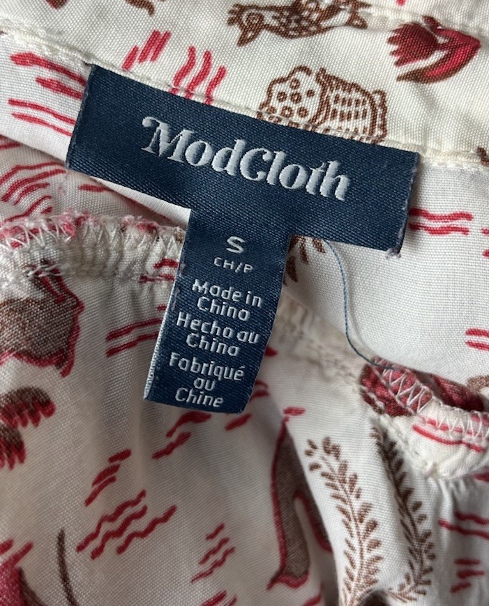ModCloth Floral Print Cream Brown Button Up Short Shirt Dress Tunic Size Small