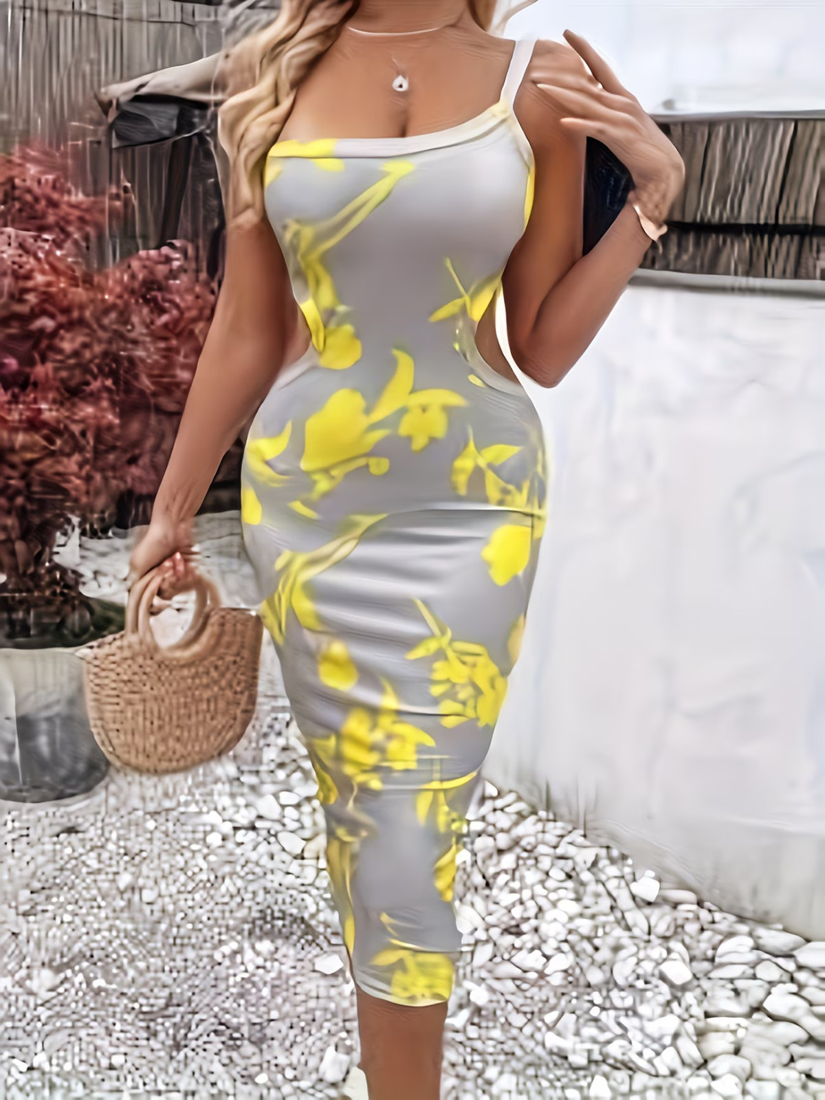 Medium. Midi Elegant Yellow & Grey, 1-Shoulder, Gorgeous Cutout Bodycon Dress