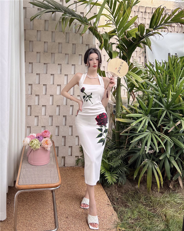 Women Sexy Open Back Mid Length Split Dress Summer Slim Fit Wrap Hip
