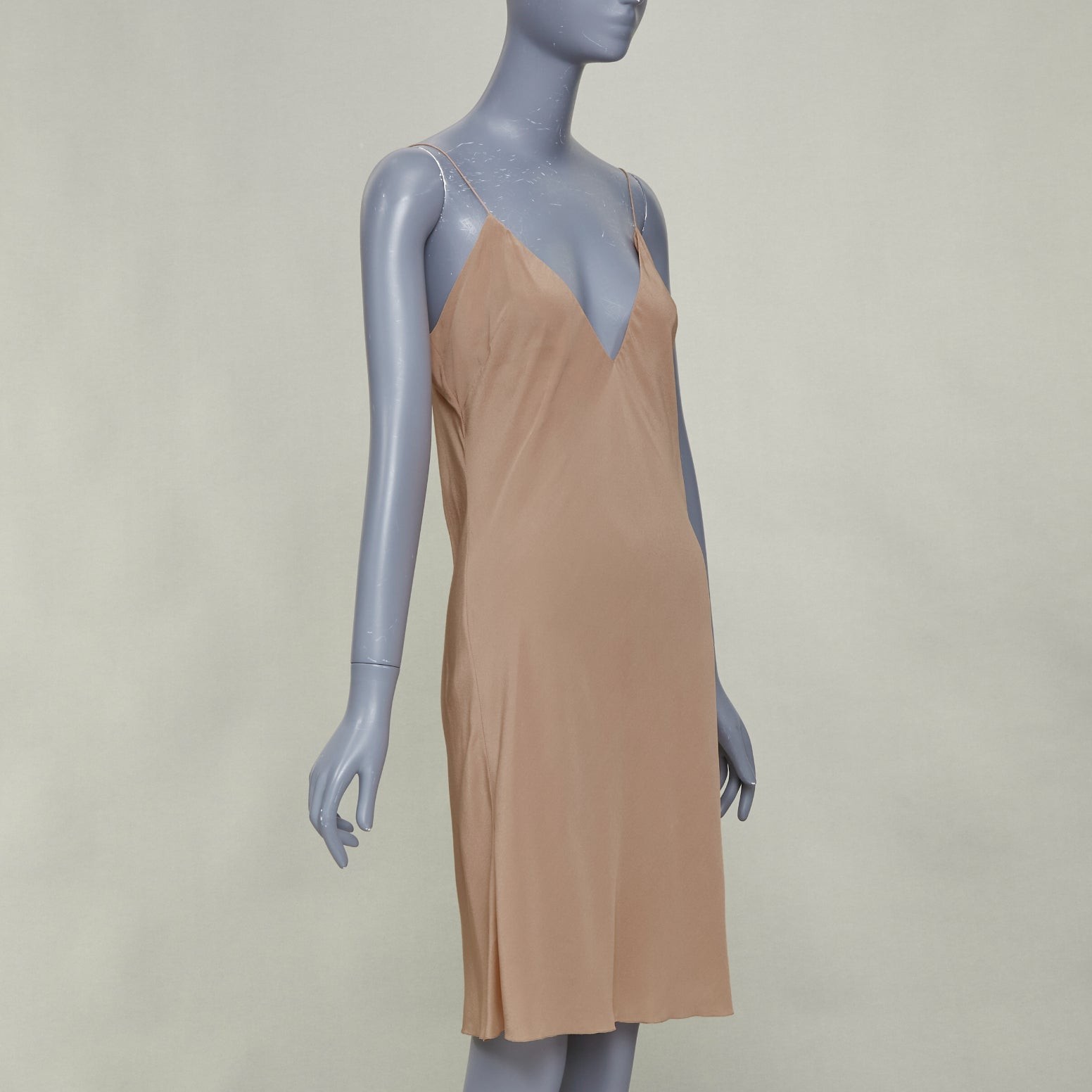 HERMES 100% silk nude spaghetti strap plunging mini slip lining dress FR40 L