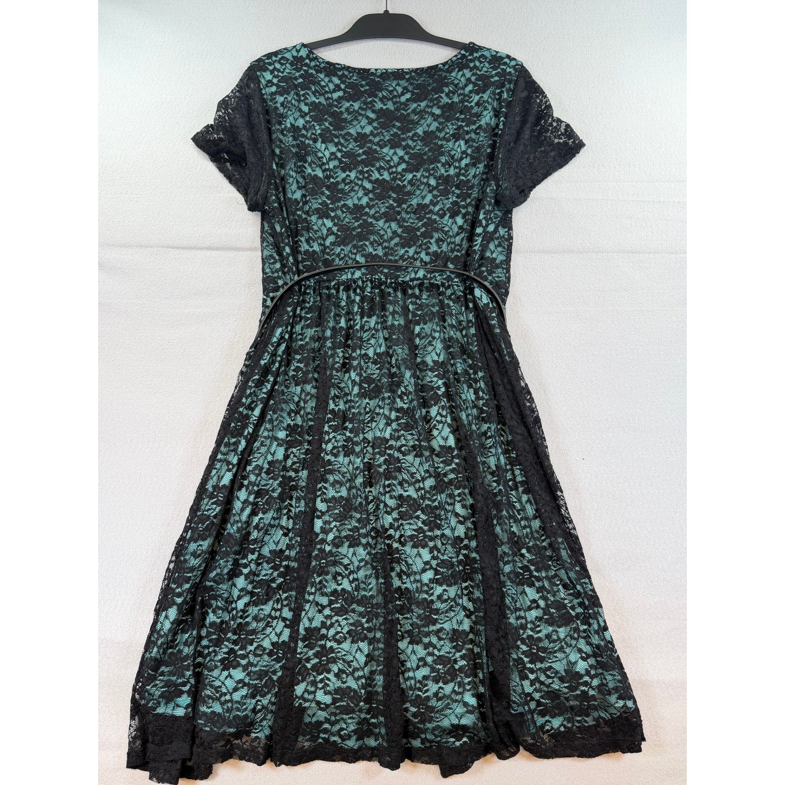 Torrid Black Lace Teal Lining Fit Flare Dress Belted Plus Size 1 XL Short Sleeve